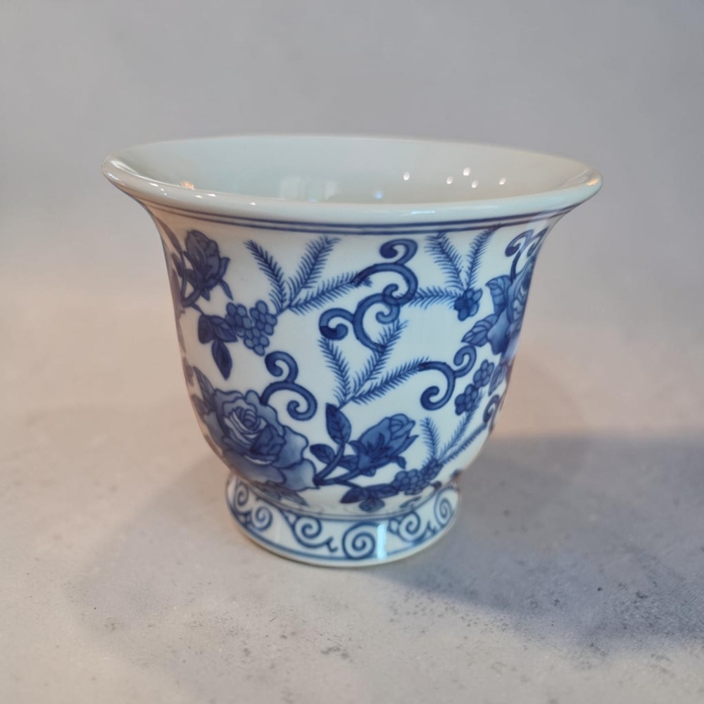 Vintage Blue Chinoiserie Porcelain Planter Vase Floral Rose Footed cottagecore